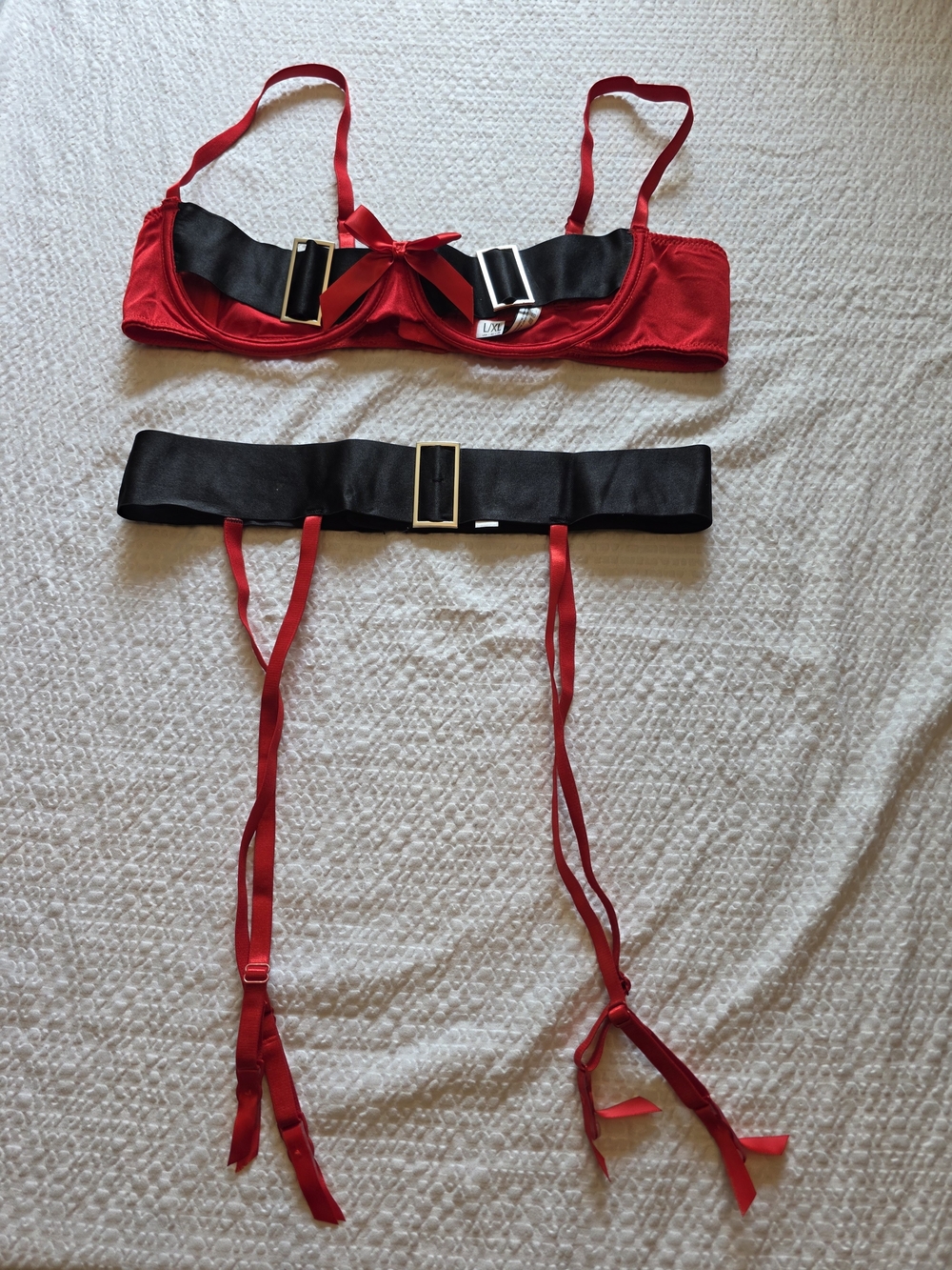 Yandy Red and Black Satin Bra with Garter Belt L/xl
